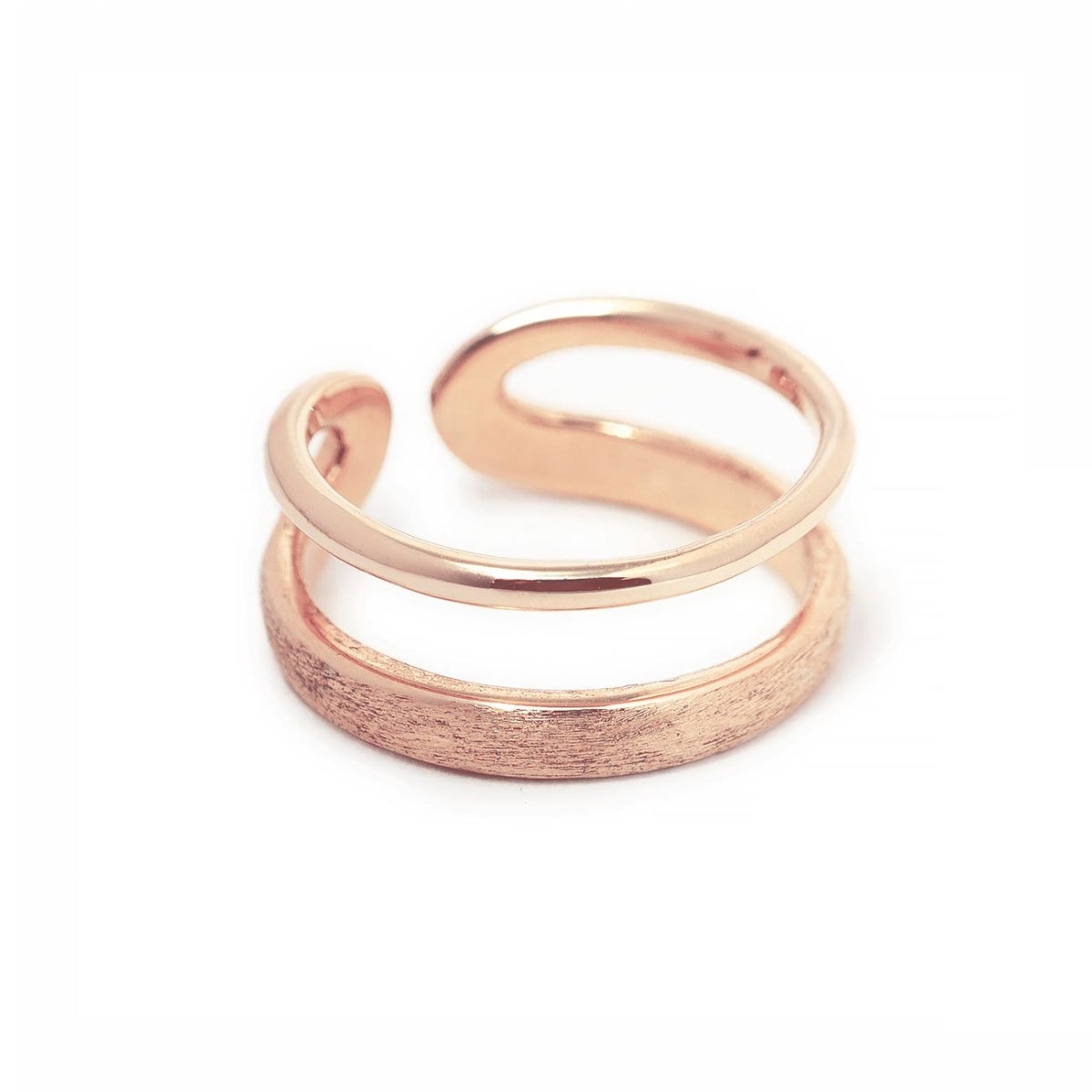 Rose gold vermeil double band ring with one polished and one matte band, on a white background