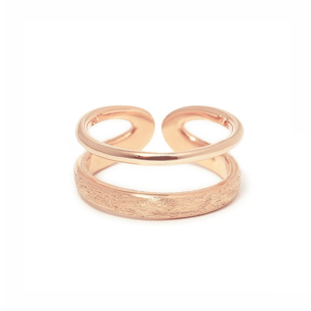 Rose gold vermeil open double band ring with one polished and one brushed band, on a white background