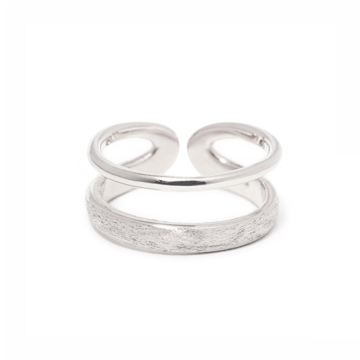 Sterling silver open double band ring with one polished and one brushed band, on a white background