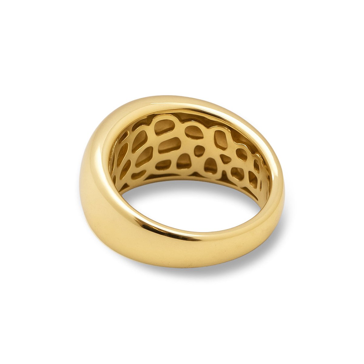 Gold vermeil domed ring, back view showing openwork interior, on a white background