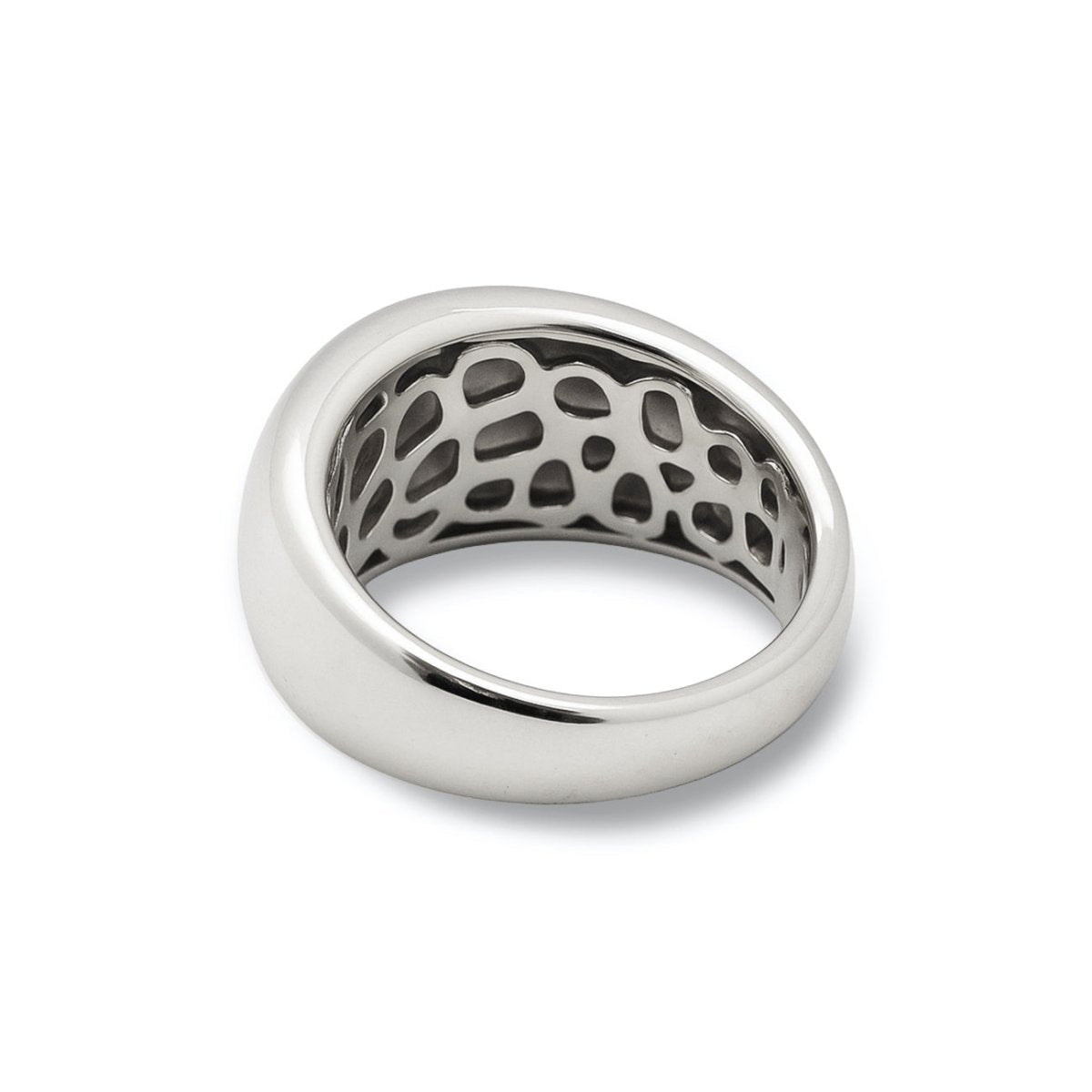 Sterling silver domed ring, back view showing openwork interior, on a white background