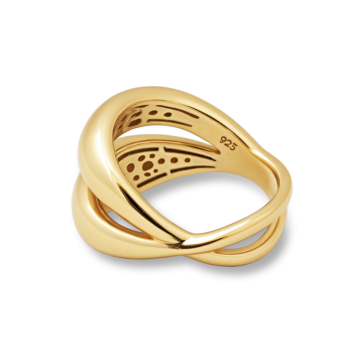 Gold vermeil double dome ring shown on a model's finger with a single dome ring on another finger