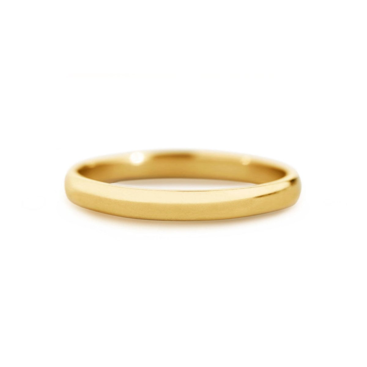 14K gold thin band ring with a rounded plain profile, on a white background