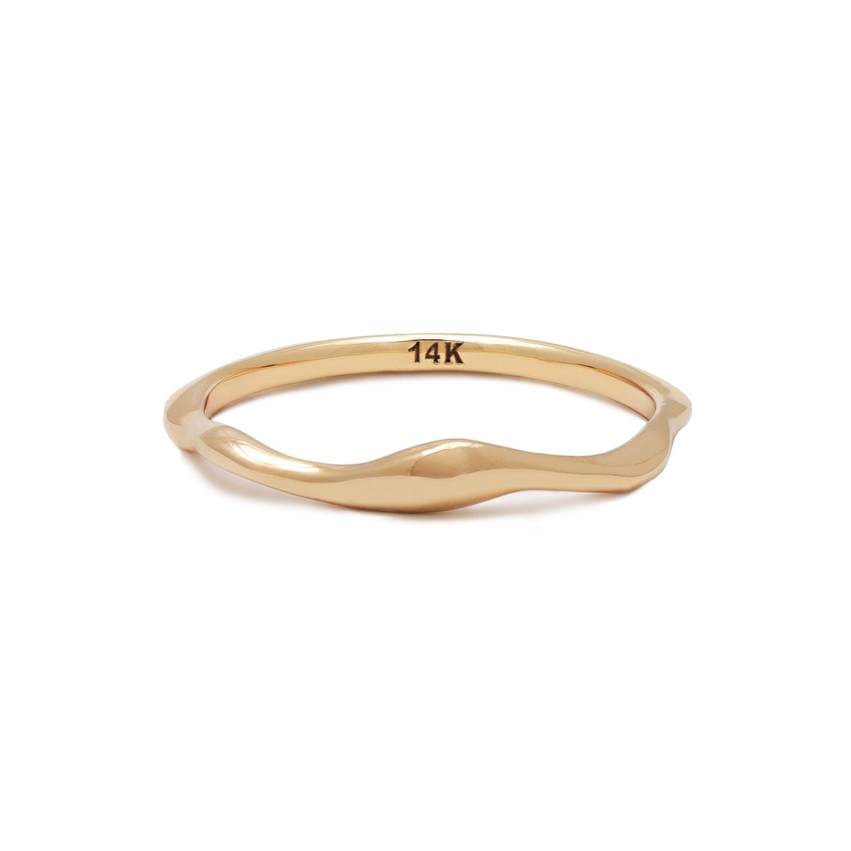 14K gold dainty wave stacking ring with an organic curved band, on a white background