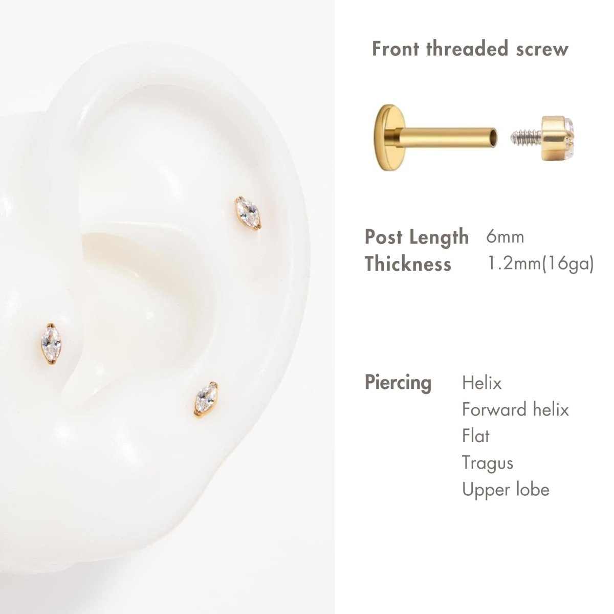 Gold titanium marquise white zirconia flat back stud shown on a silicone ear placement guide | #Gemstone_White Zirconia