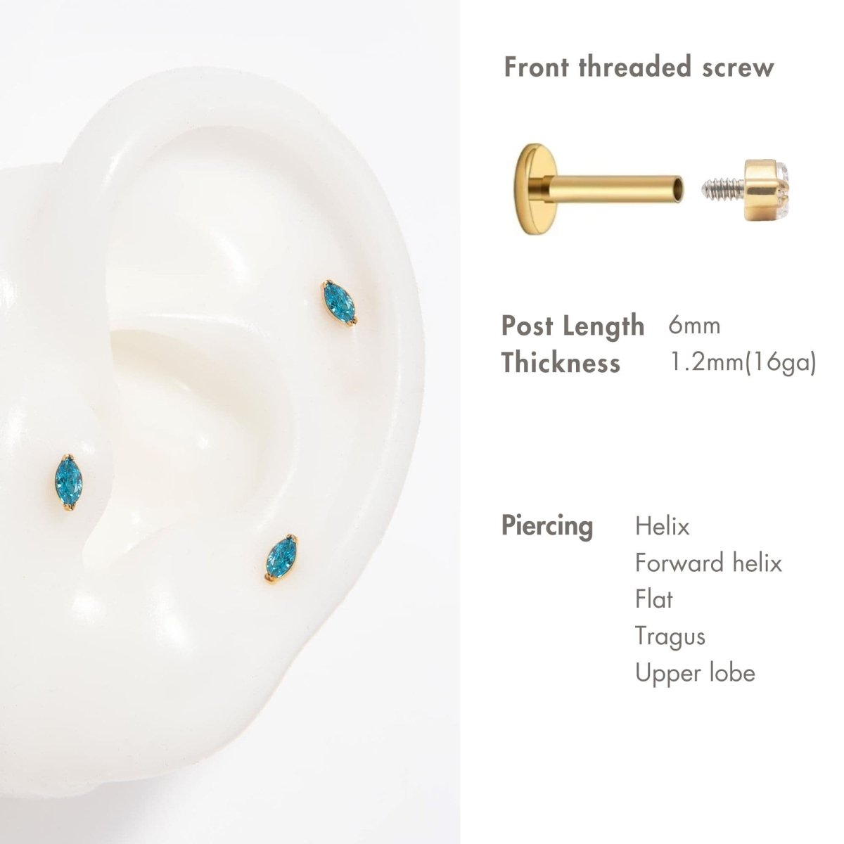 Gold titanium blue zircon flat back studs on an ear form with sizing and placement guide | #Gemstone_B;ue Zircon