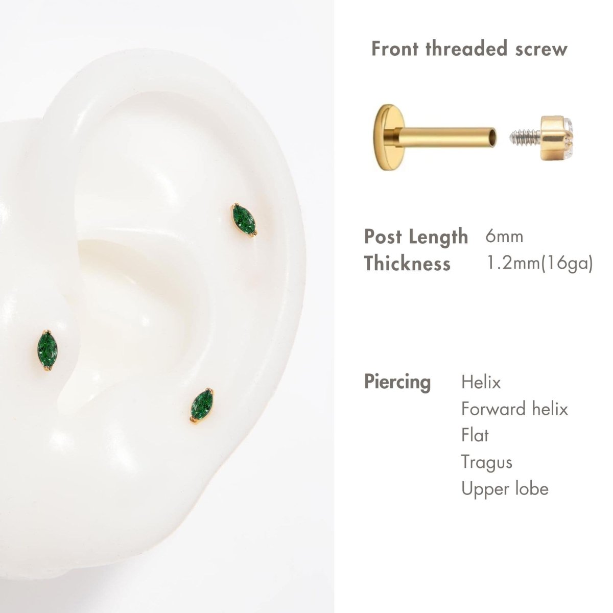 Gold titanium marquise emerald flat back stud shown on a silicone ear placement guide| #Gemstone_Emerald