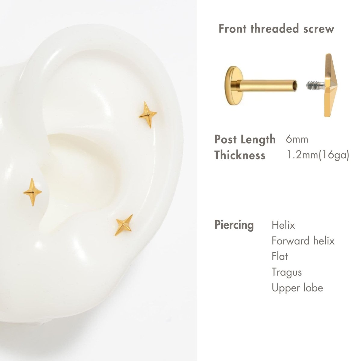 Gold titanium star flat back studs on a silicone ear model with post length and piercing placement