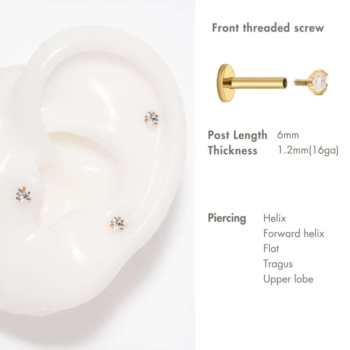 Titanium tiny clear-stone flat back studs on a silicone ear model with size and placement details