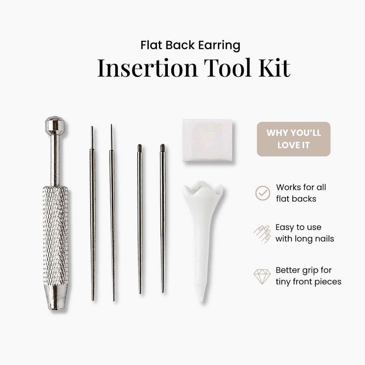 Insertion tool kit with straight guides for flat back stud earrings