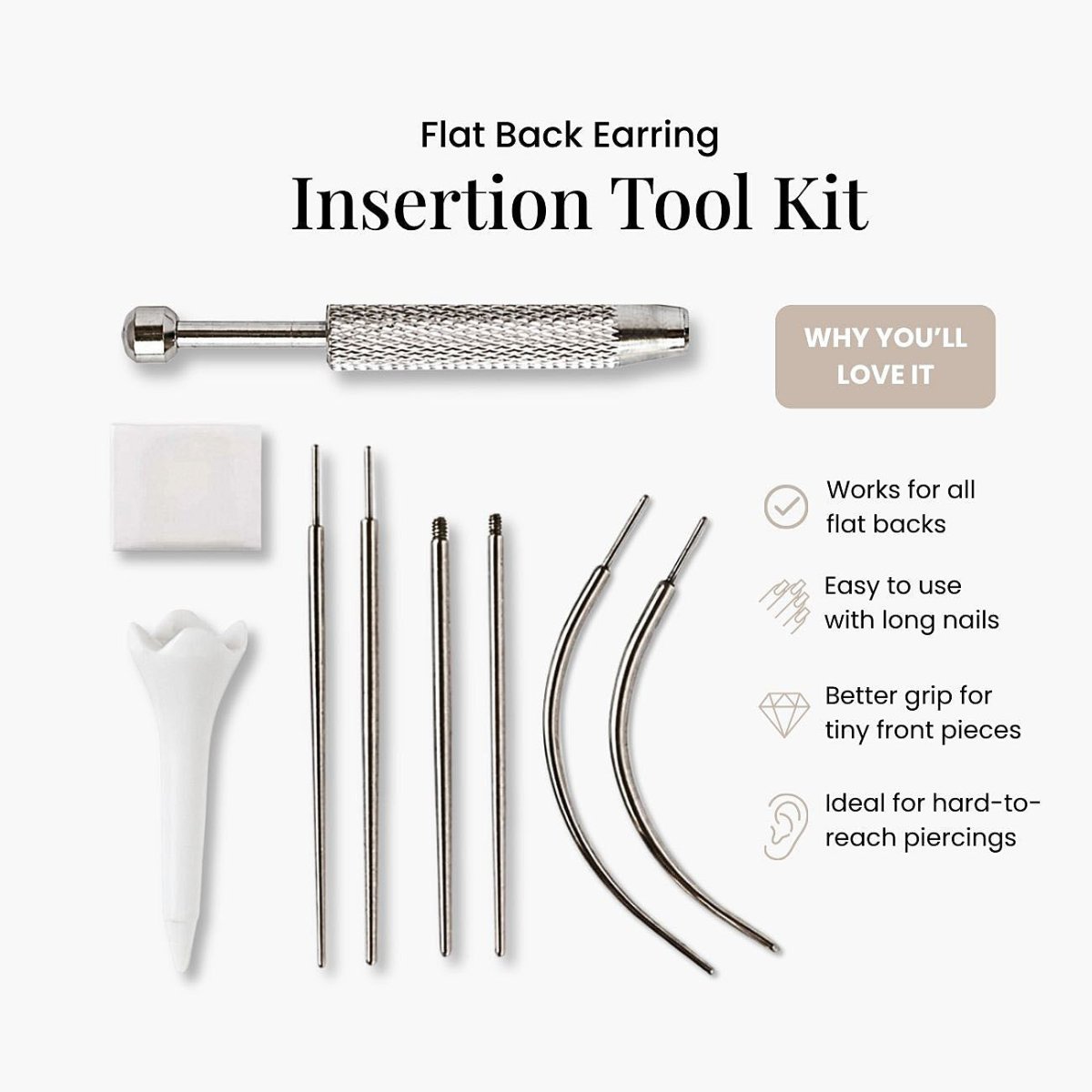 Insertion tool kit with straight and curved guides for flat back stud earrings