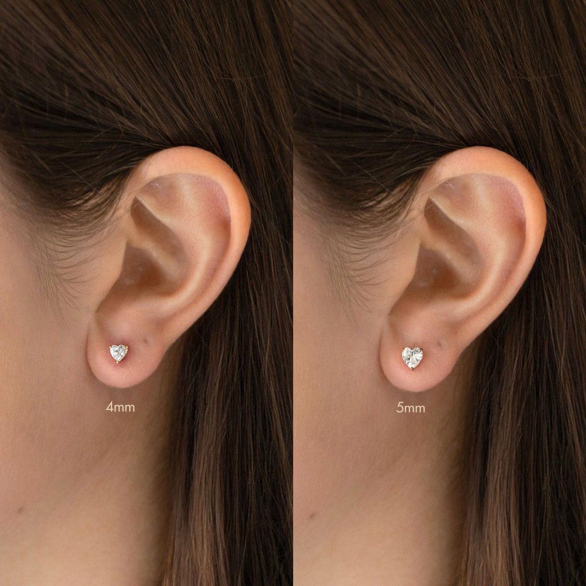 14K gold heart-cut white zirconia studs shown on a model's ear, size comparison 4mm and 5mm
