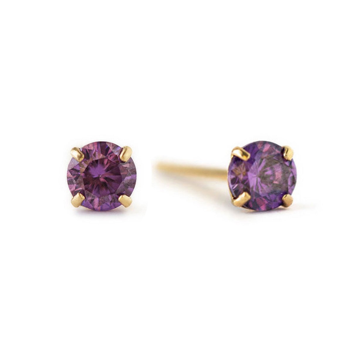 14K gold prong-set alexandrite stud earrings with round purple stones, on a white background