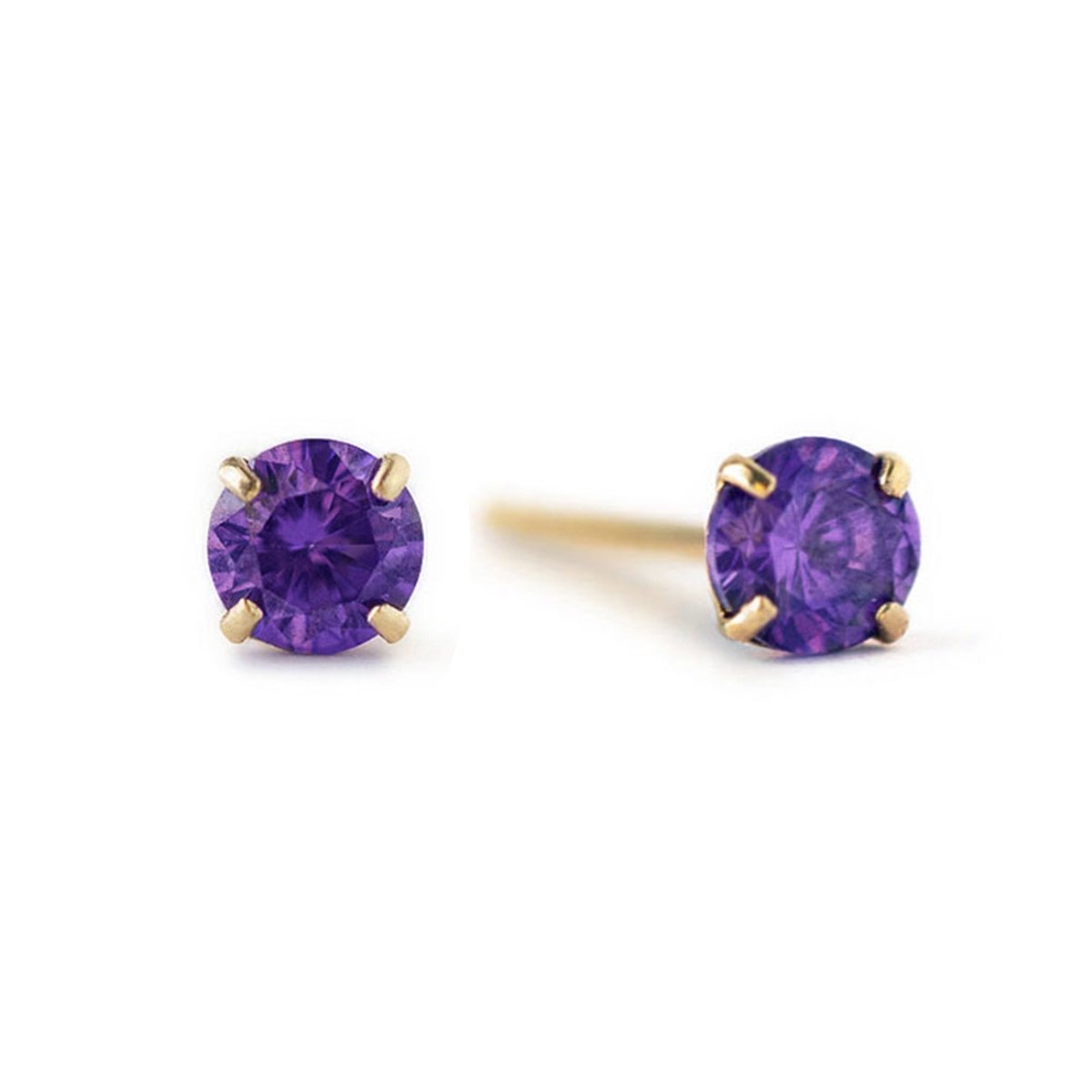 14K gold prong-set amethyst stud earrings with round purple stones, on a white background