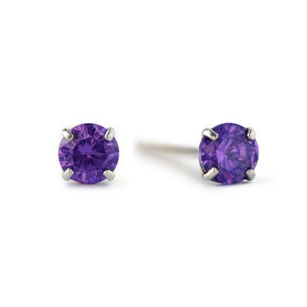 14K white gold prong-set amethyst stud earrings with round purple stones, on a white background