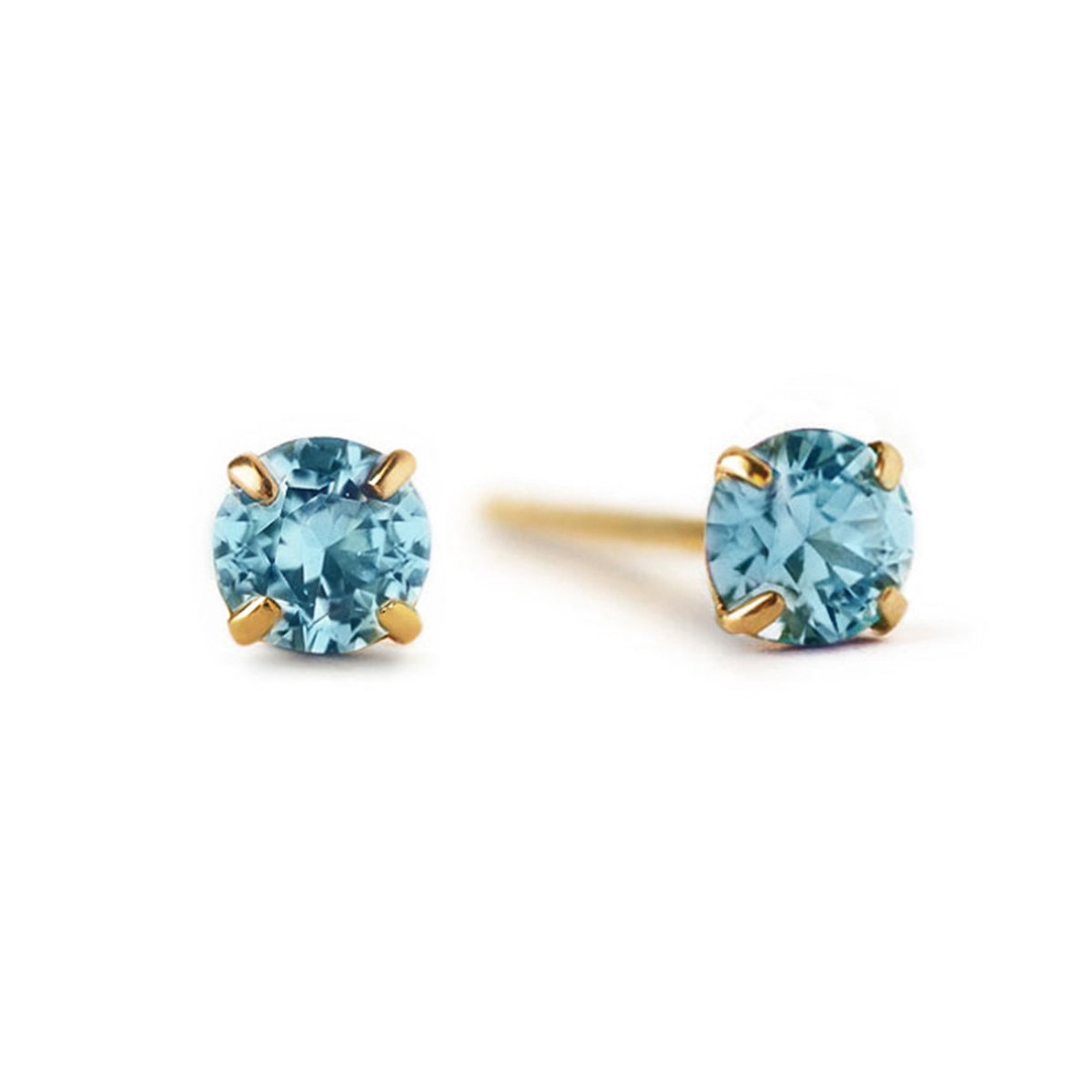 14K gold blue zircon stud earrings with round aqua-blue stones in prong settings, on a white background