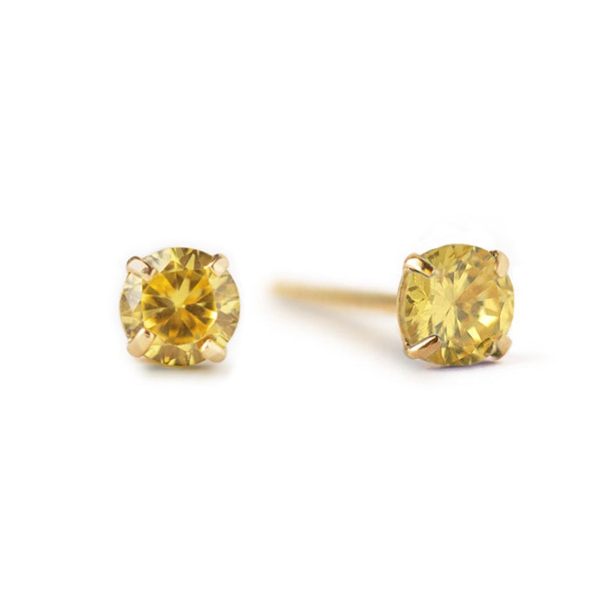 14K gold citrine stud earrings with round golden-yellow stones in prong settings, on a white background