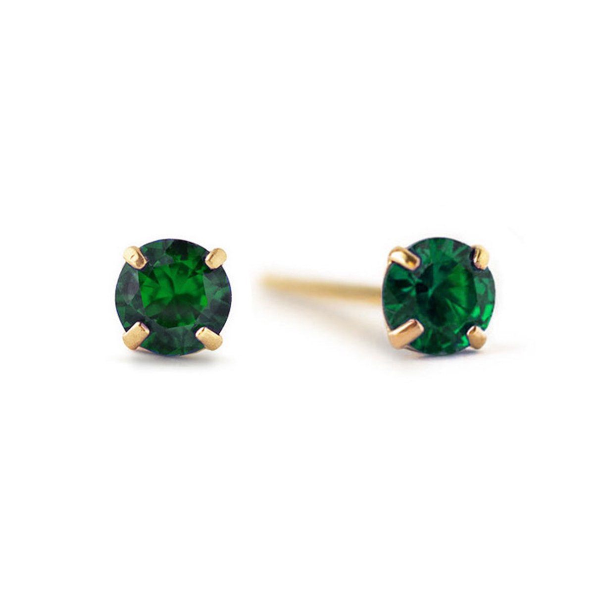 14K gold emerald stud earrings with round deep-green stones in prong settings, on a white background