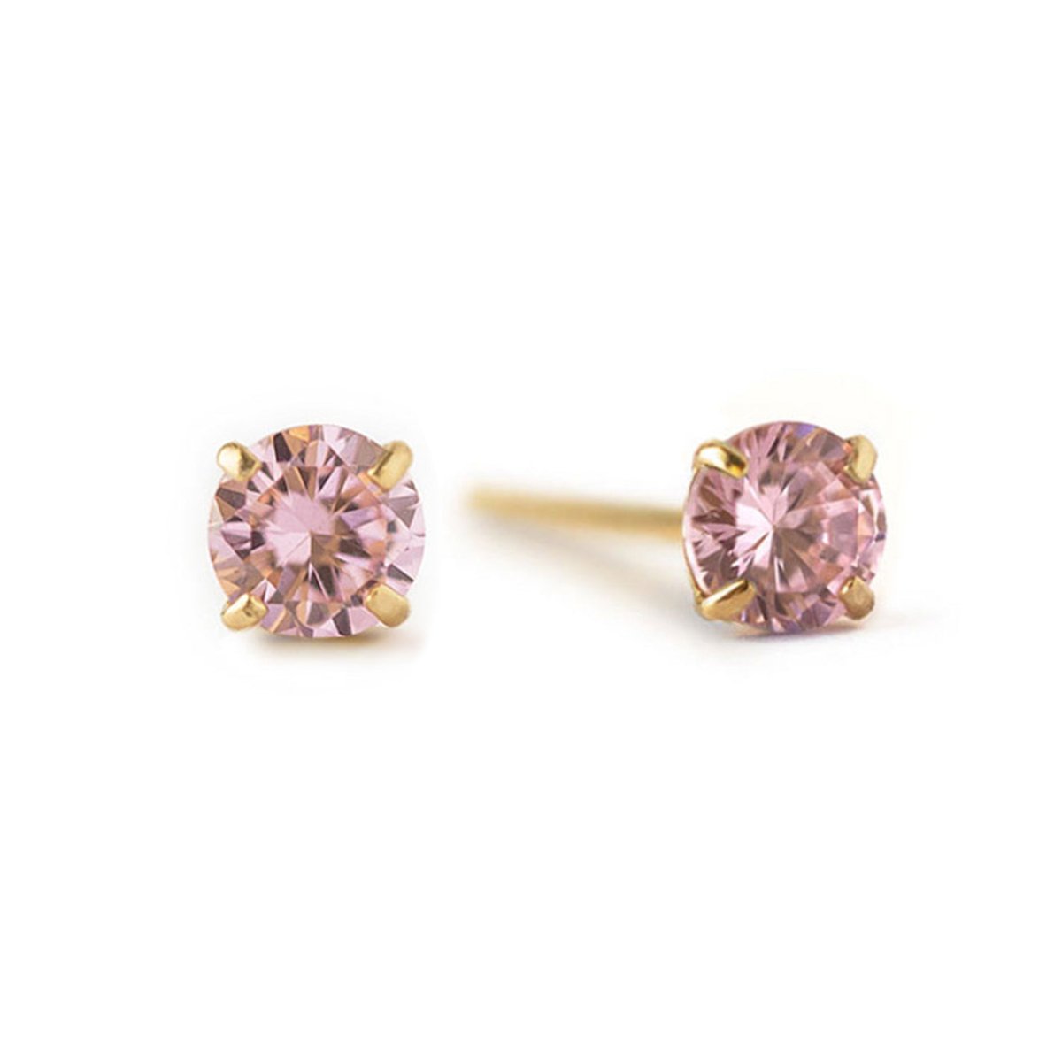 14K gold pink sapphire stud earrings with round pink stones in four-prong settings, on a white background