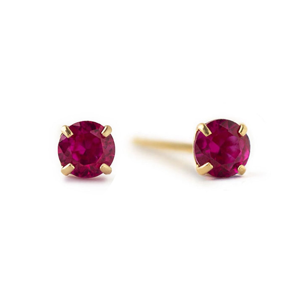 14K gold ruby stud earrings with round red stones in four-prong settings, on a white background