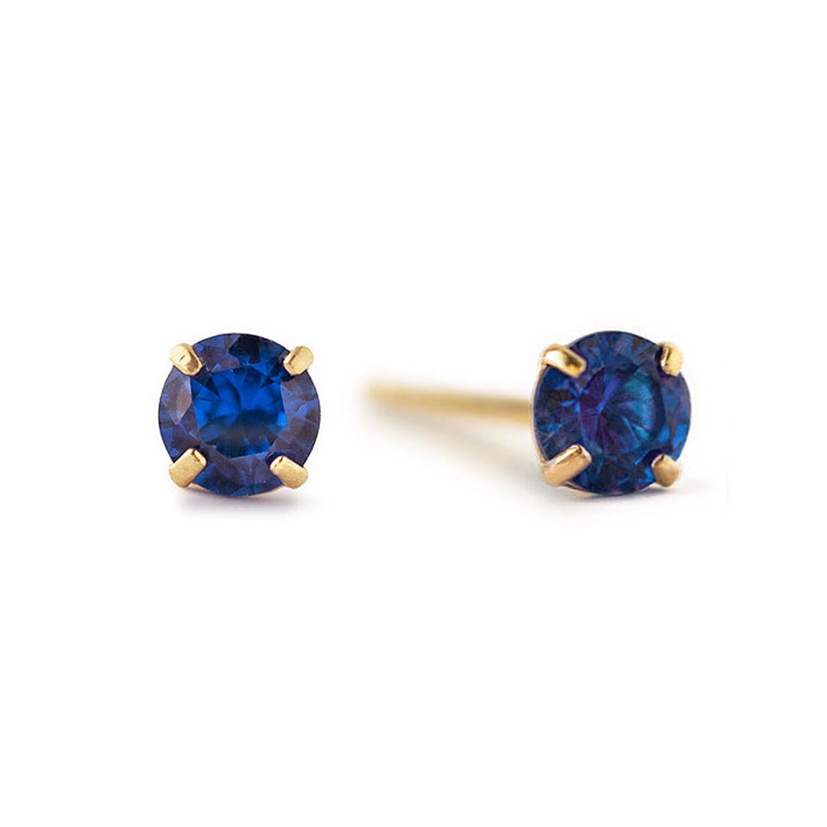 14K gold blue sapphire stud earrings with round deep-blue stones in prong settings, on a white background