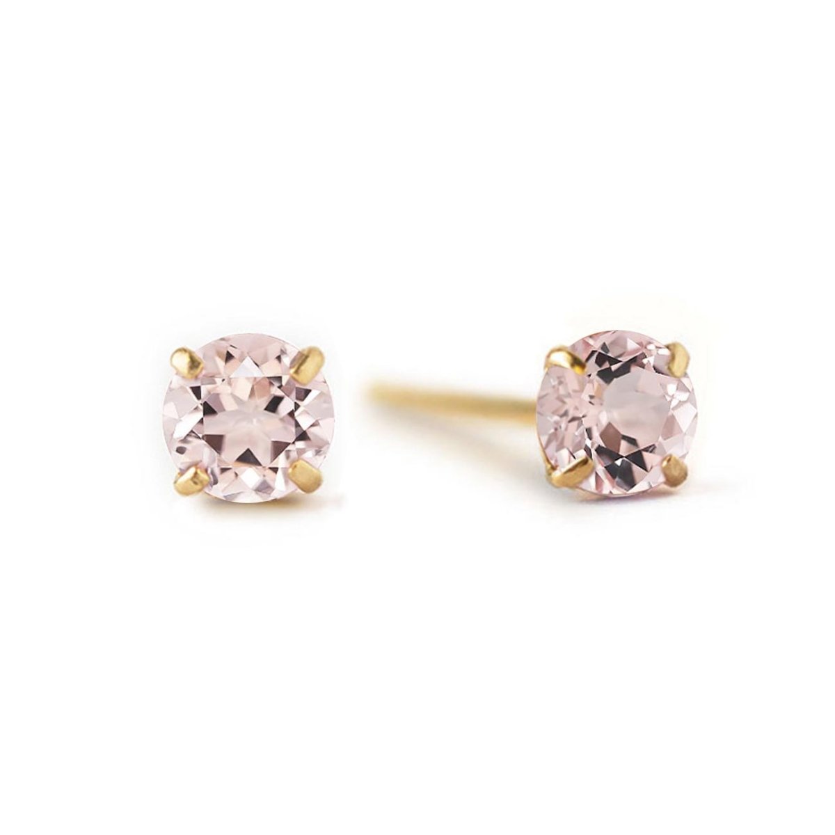 14K gold morganite studs with round pale-pink stones in four-prong settings, on a white background