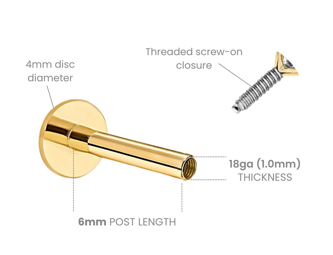 diagram of threaded screw flat back earring post dimensions. 4mm disc diameter, 6mm post length, 18ga (1.0mm) thickness