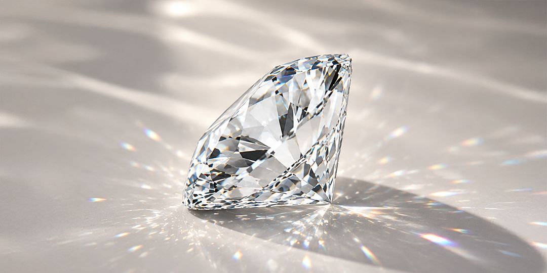 Loose round brilliant-cut clear stone resting on a pale surface, scattering light and rainbow flecks