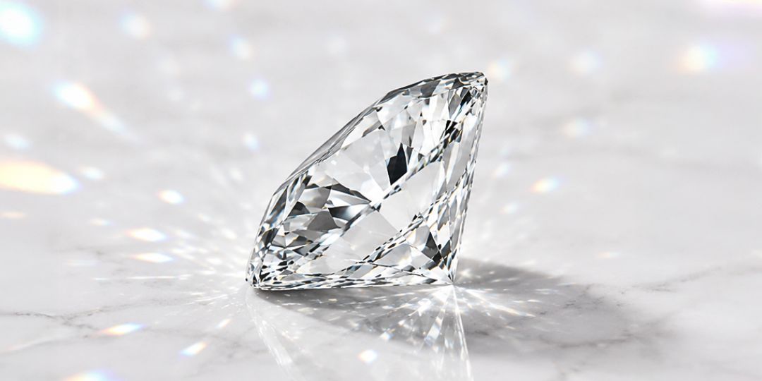 Single round faceted clear stone resting on its side on a pale marble surface, scattering light