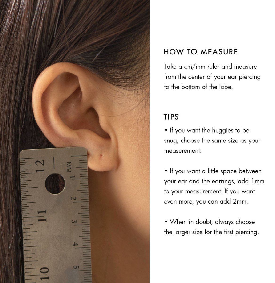 Ear measuring guide with a ruler held to a model's lobe and how-to-measure huggie sizing tips