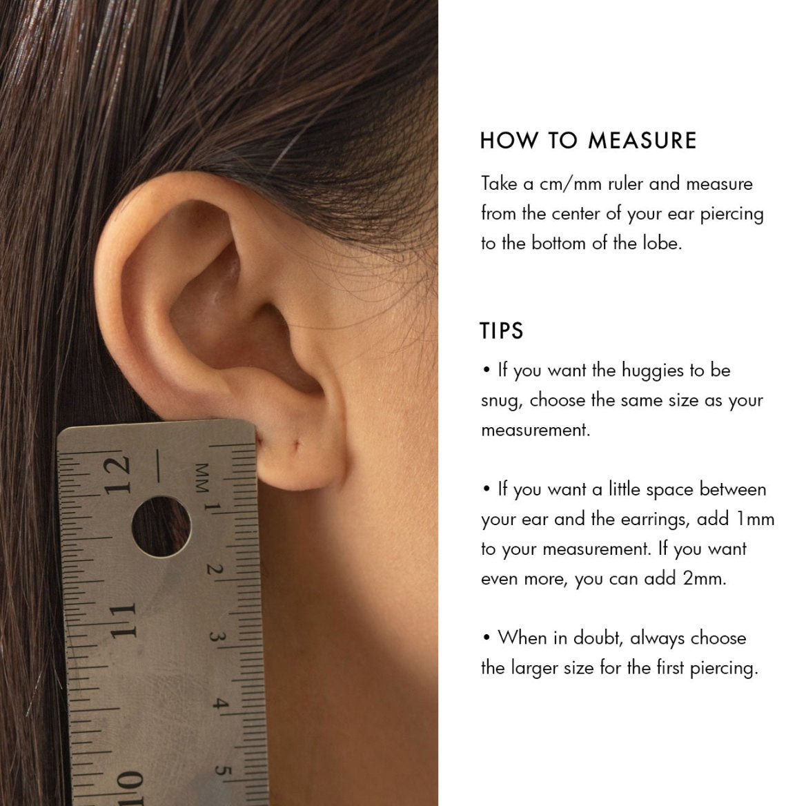 How-to-measure huggie sizing graphic with a ruler against a model's ear and fit tips