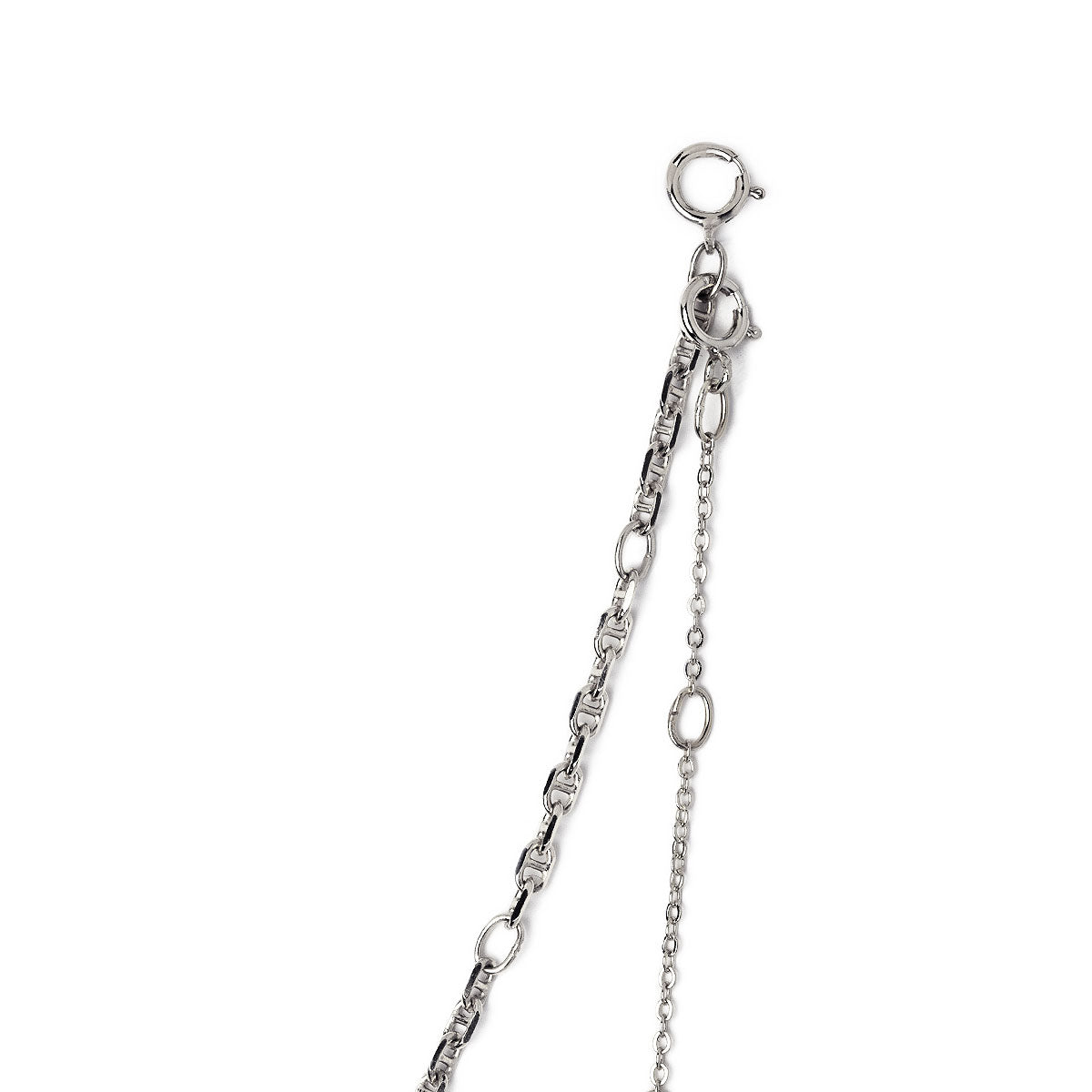 Sterling silver layered duo close-up detail of the chains and spring-ring clasp, on a white background