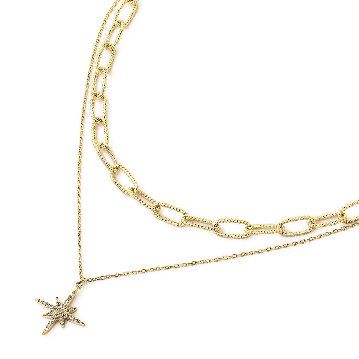 Gold vermeil chunky link chain necklace with a clear-stone starburst pendant, on a white background