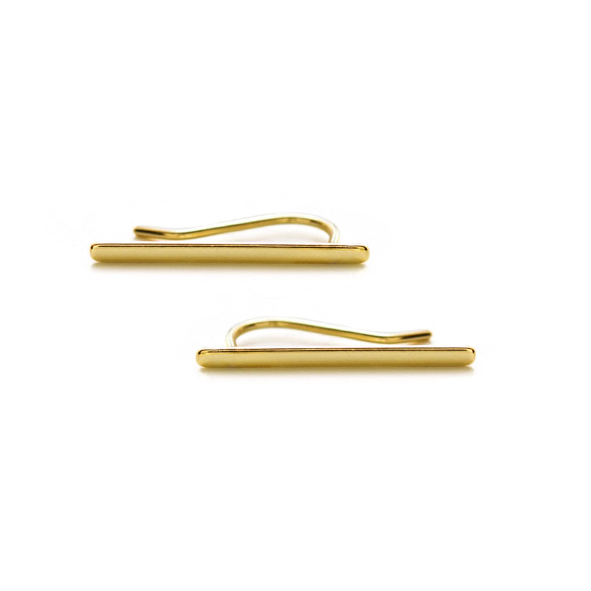 Pair of gold vermeil bar ear climber earrings with a curved hook back, on a white background