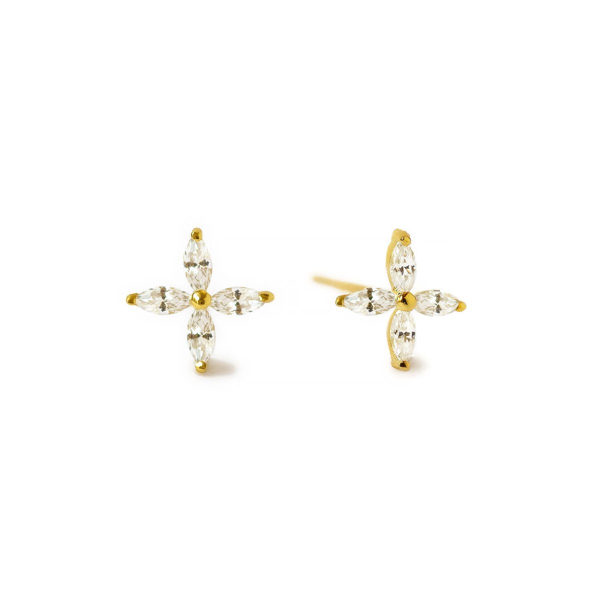 14K gold flower studs with clear marquise crystal petals, on a white background