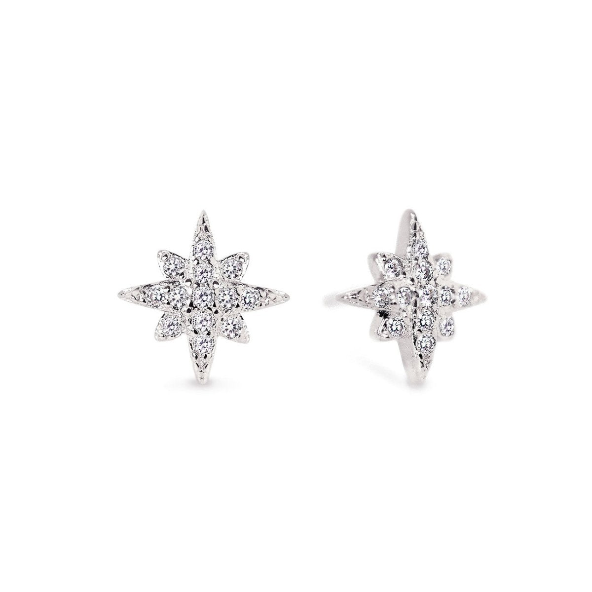 Pair of sterling silver starburst pavé studs set with clear white zirconia, on a white background