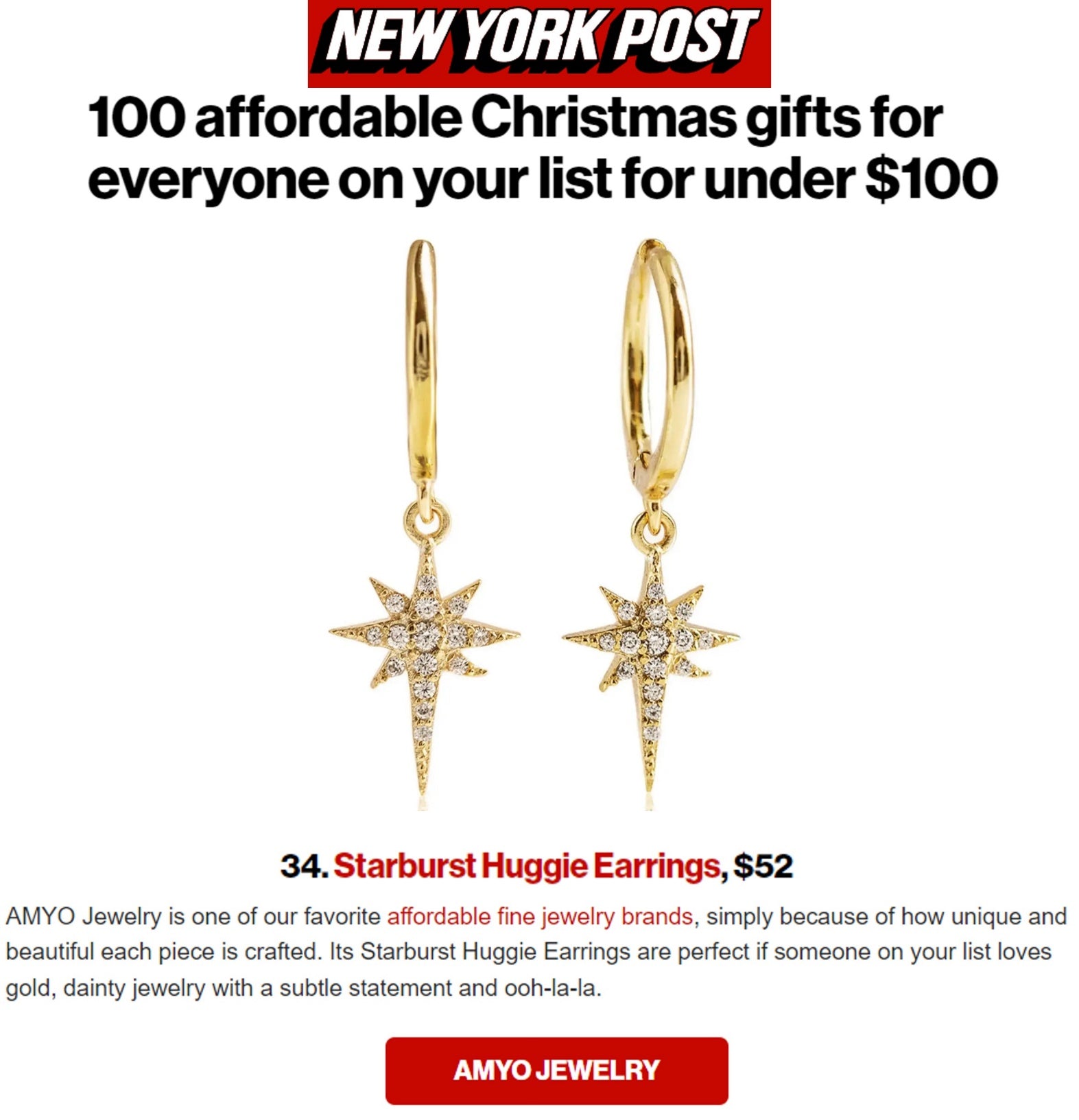 Sterling silver starburst huggie hoops with white zirconia star drops, featured in a New York Post gift roundup