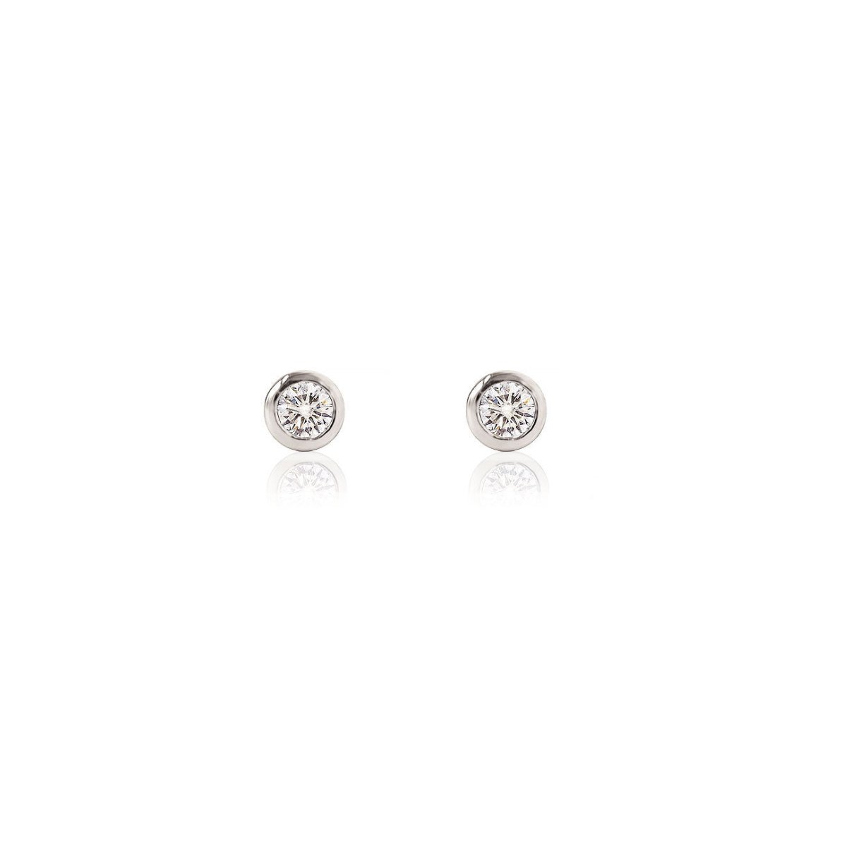 Pair of 14K white gold mini bezel studs with round natural diamonds, on a white background