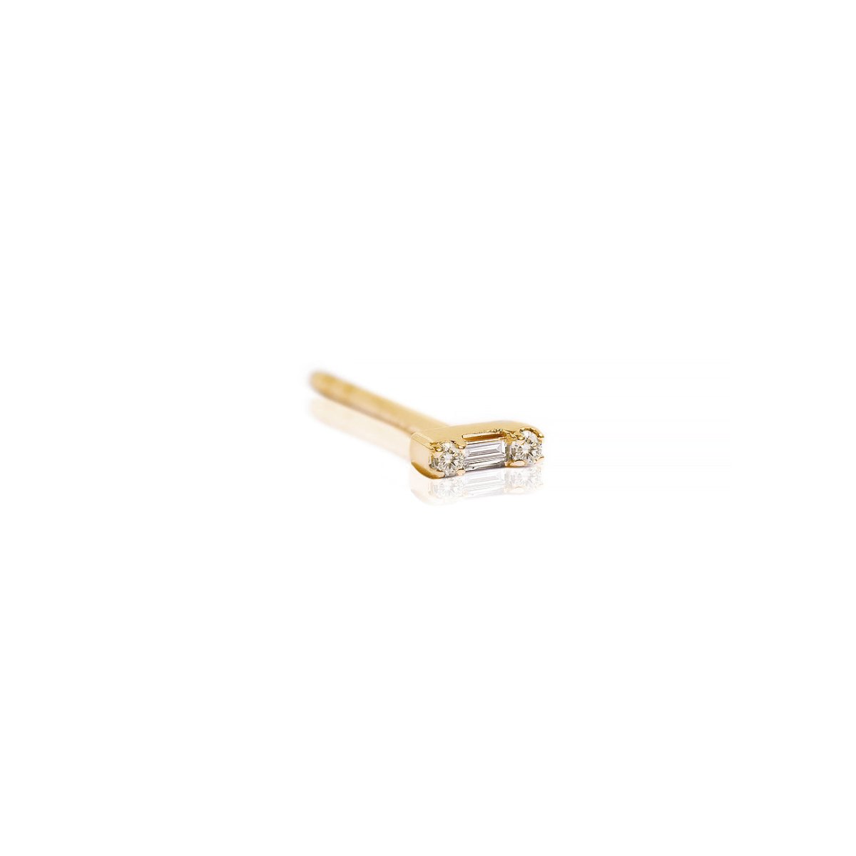 14K gold diamond baguette bar stud with a center baguette flanked by round diamonds, on a white background