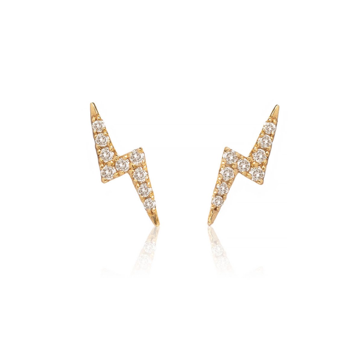 Pair of 14K gold diamond pave lightning bolt studs, on a white background