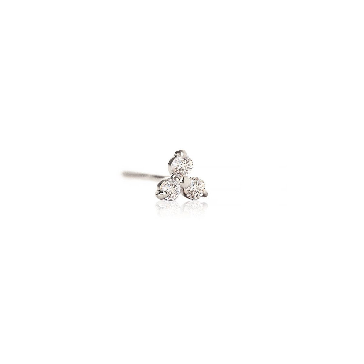 14K white gold diamond clover single stud with three round diamonds, on a white background