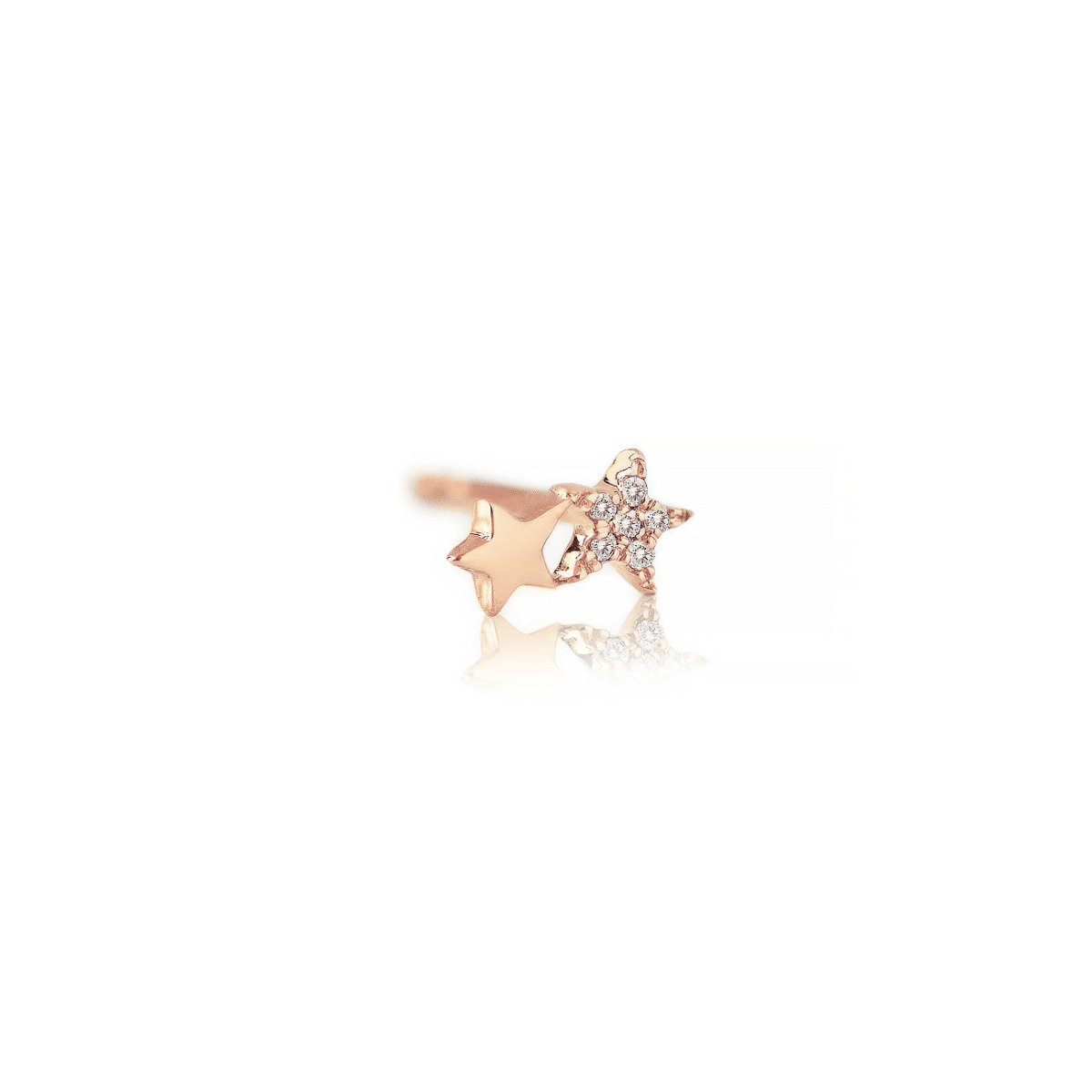 14K rose gold double star single earring, one plain star and one diamond pavé star, on a white background