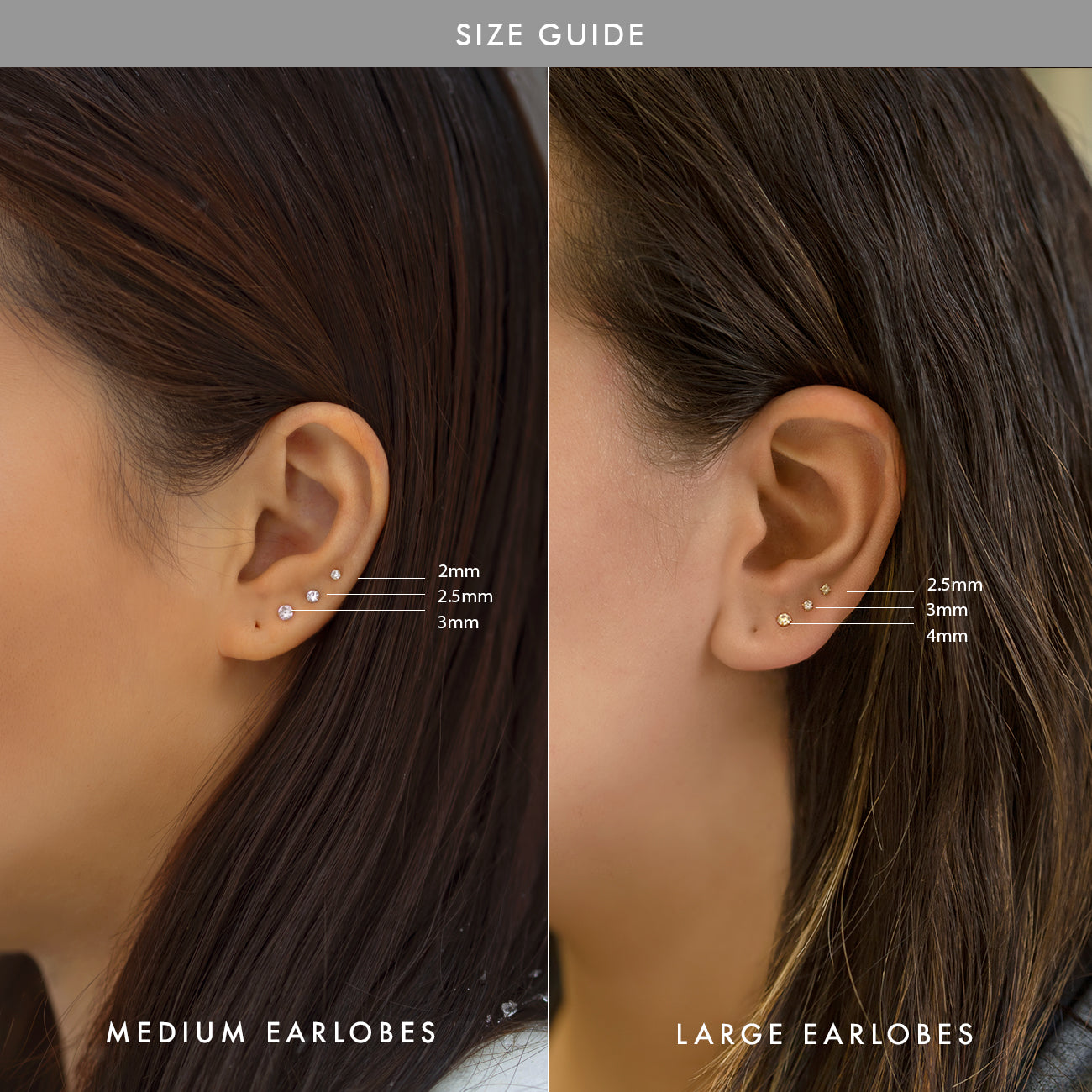14K white gold white sapphire studs size guide on medium and large earlobes with mm markers