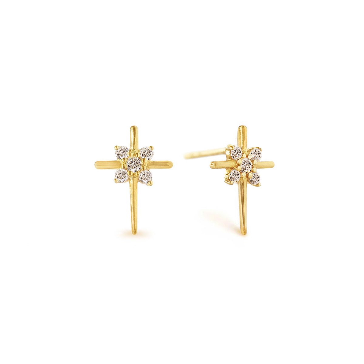 Pair of 14K gold thin cross stud earrings with clear zirconia stones, on a white background