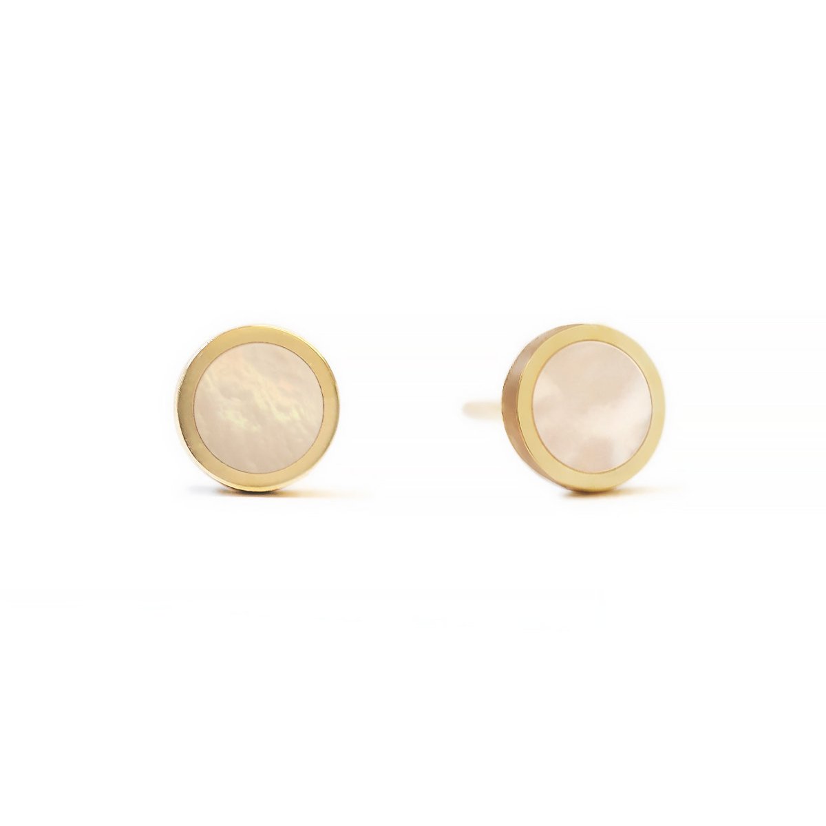 Pair of 14K gold round studs with iridescent mother of pearl centers, on a white background