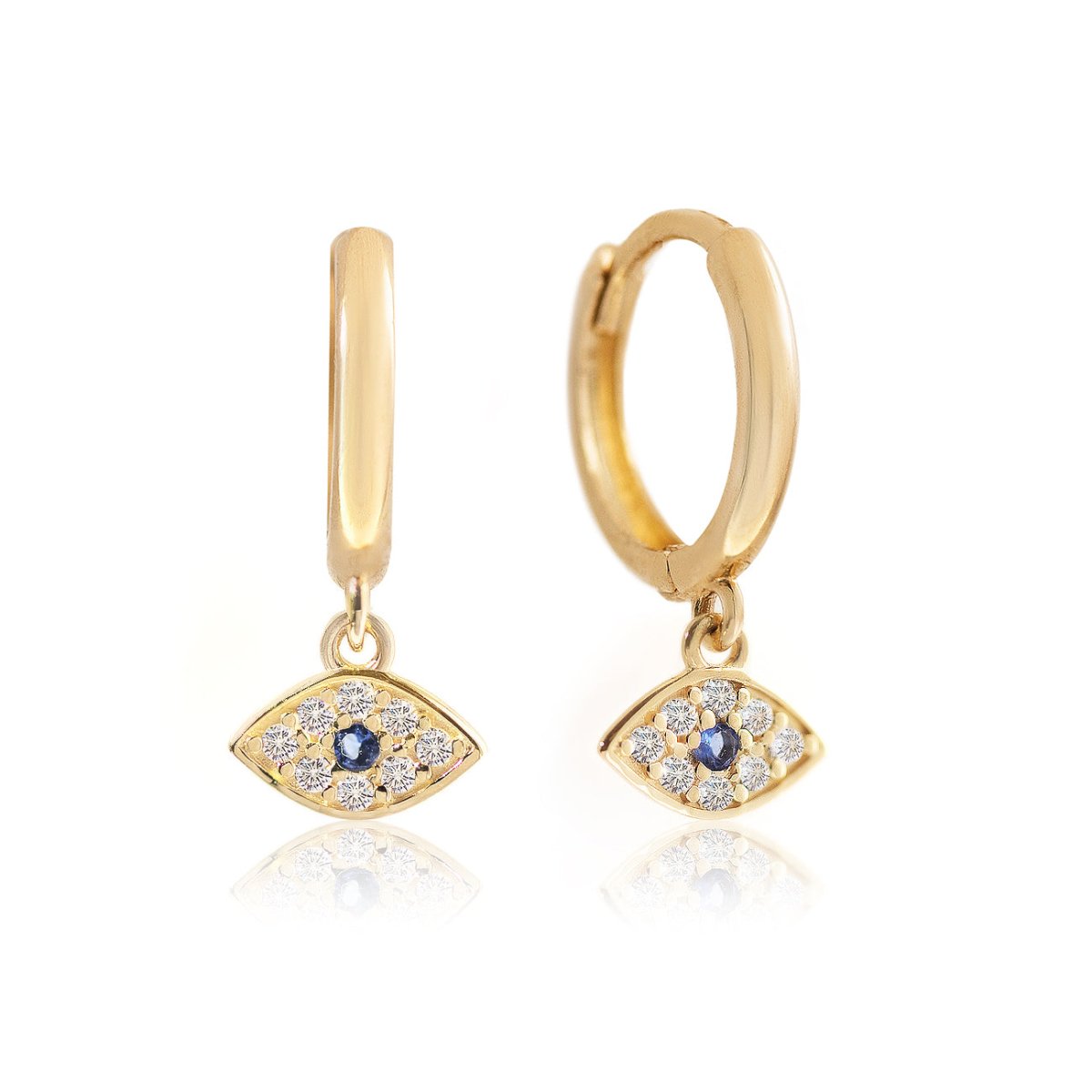 14K gold evil eye huggie hoops with pave clear and blue stone charms, on a white background