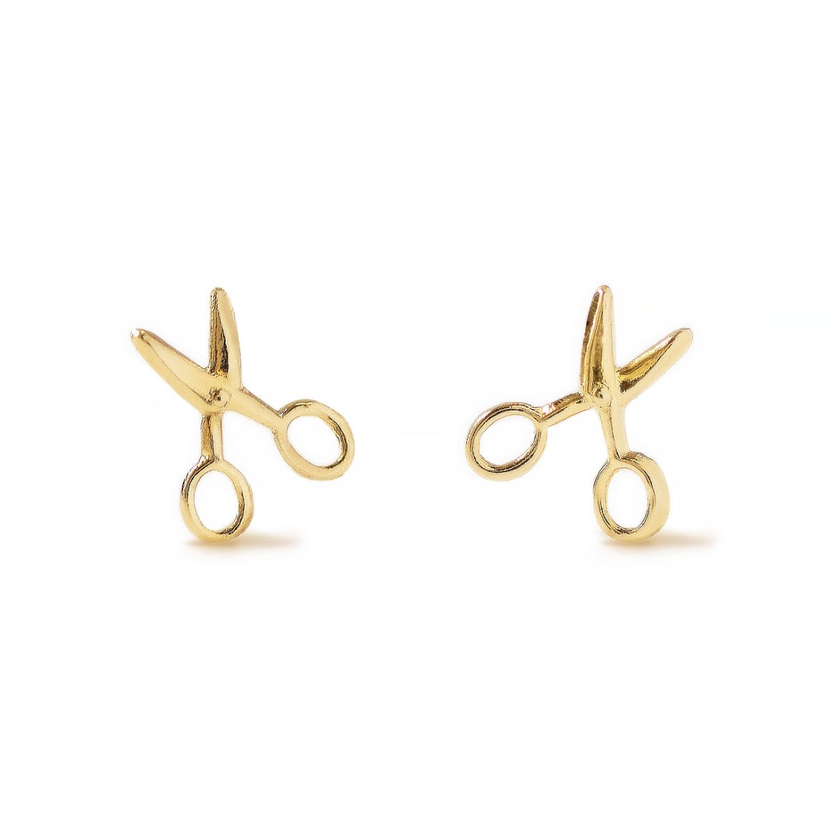 Pair of 14K gold scissor stud earrings, on a white background