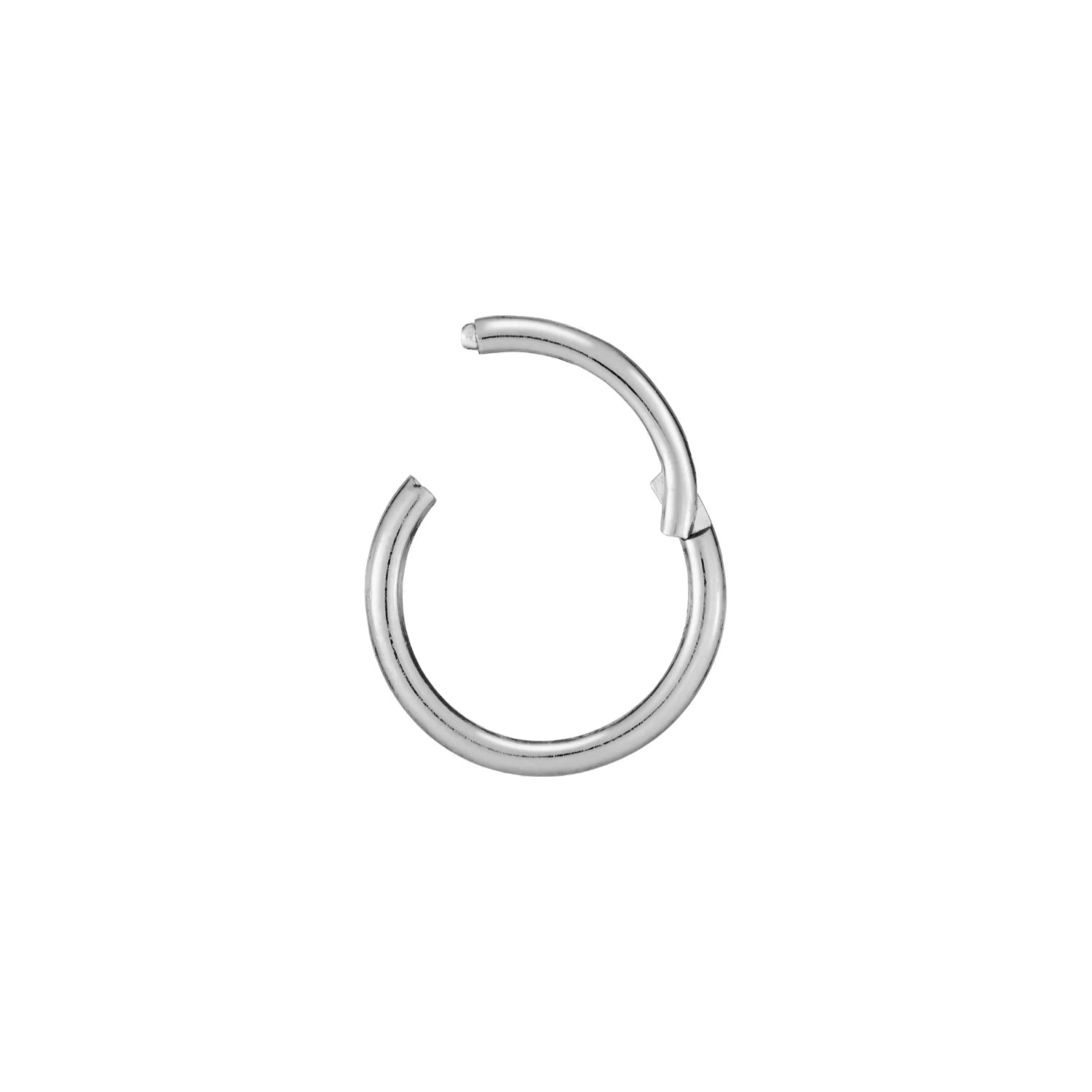 Sterling silver seamless clicker hoop shown open, close-up detail on a white background