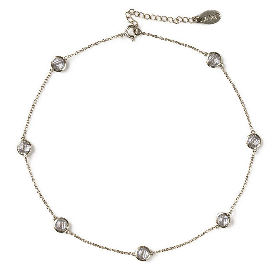 Sterling silver white zirconia station choker with spring-ring clasp, on a white background
