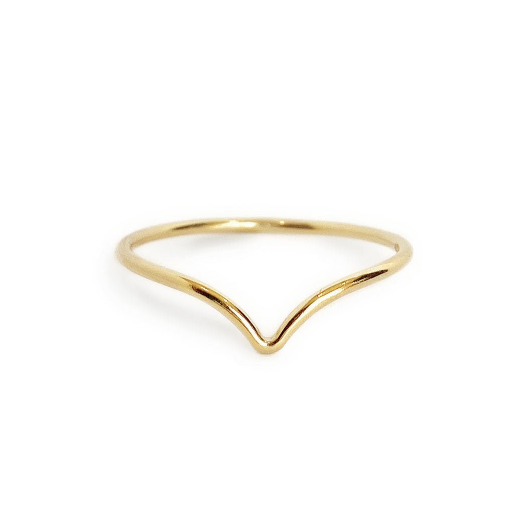 14K gold chevron ring with a thin V-shaped band, on a white background